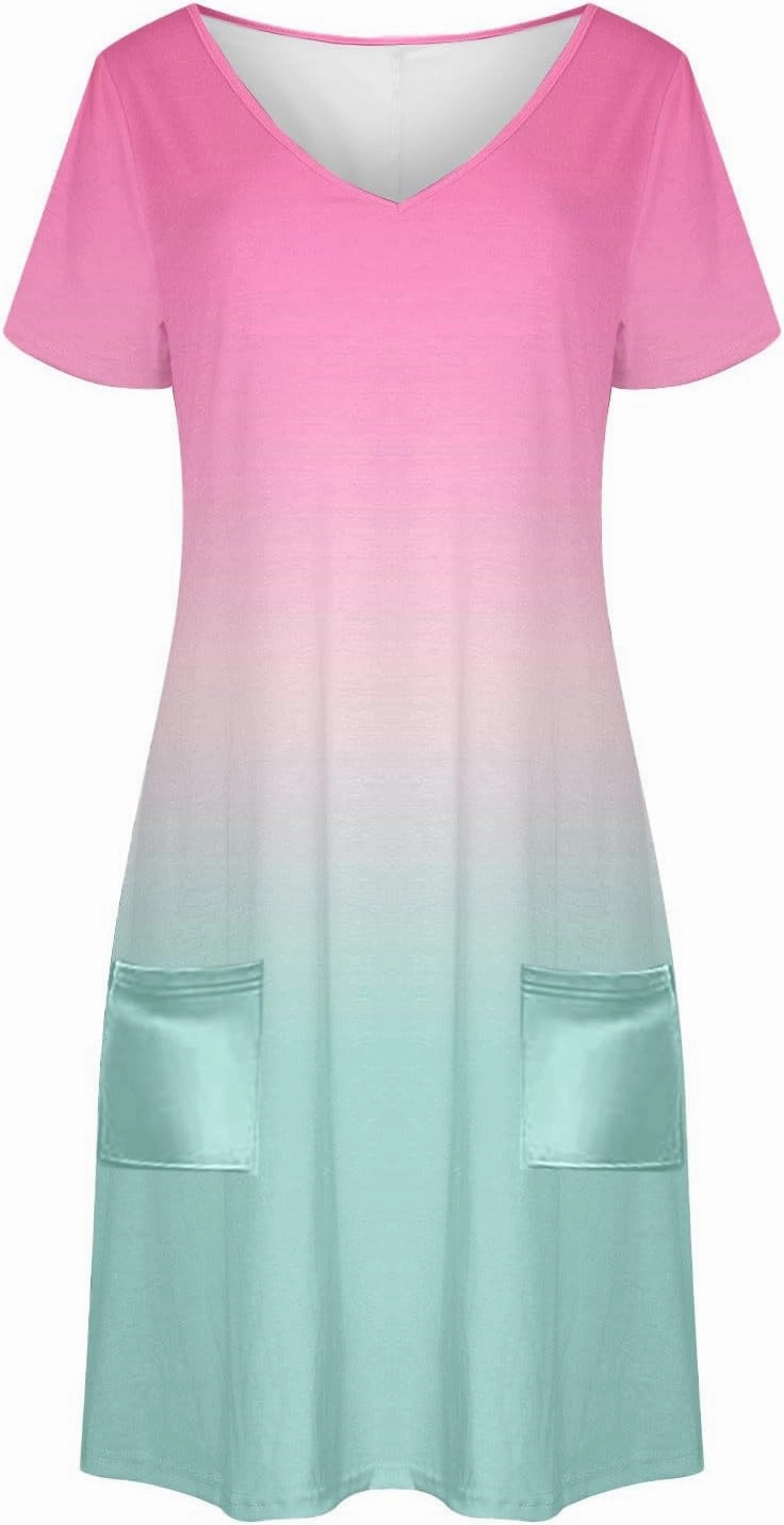 Women's Fashion Summer Dress Gradient Short Sleeve V-Neck Lounge Dresses Loose Comfy Solid Midi Skirts Vacation