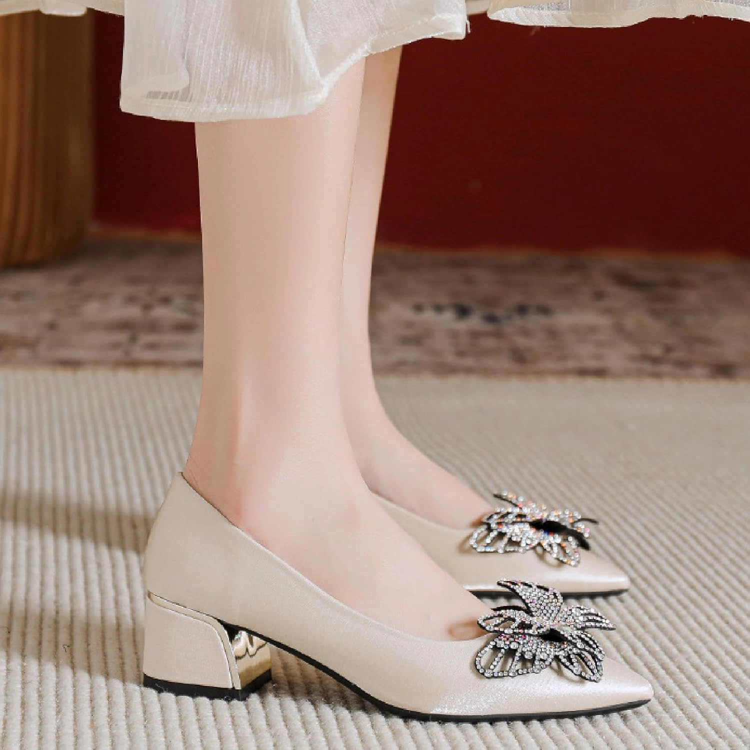 Women's Suede Rhinestone Chunky Low Heel Dress Pumps Shiny Closed Pointed Toe Butterfly Decoration Slip On Non-Slip Wedding High Heel Shoe Business Date Party Formal Shoe
