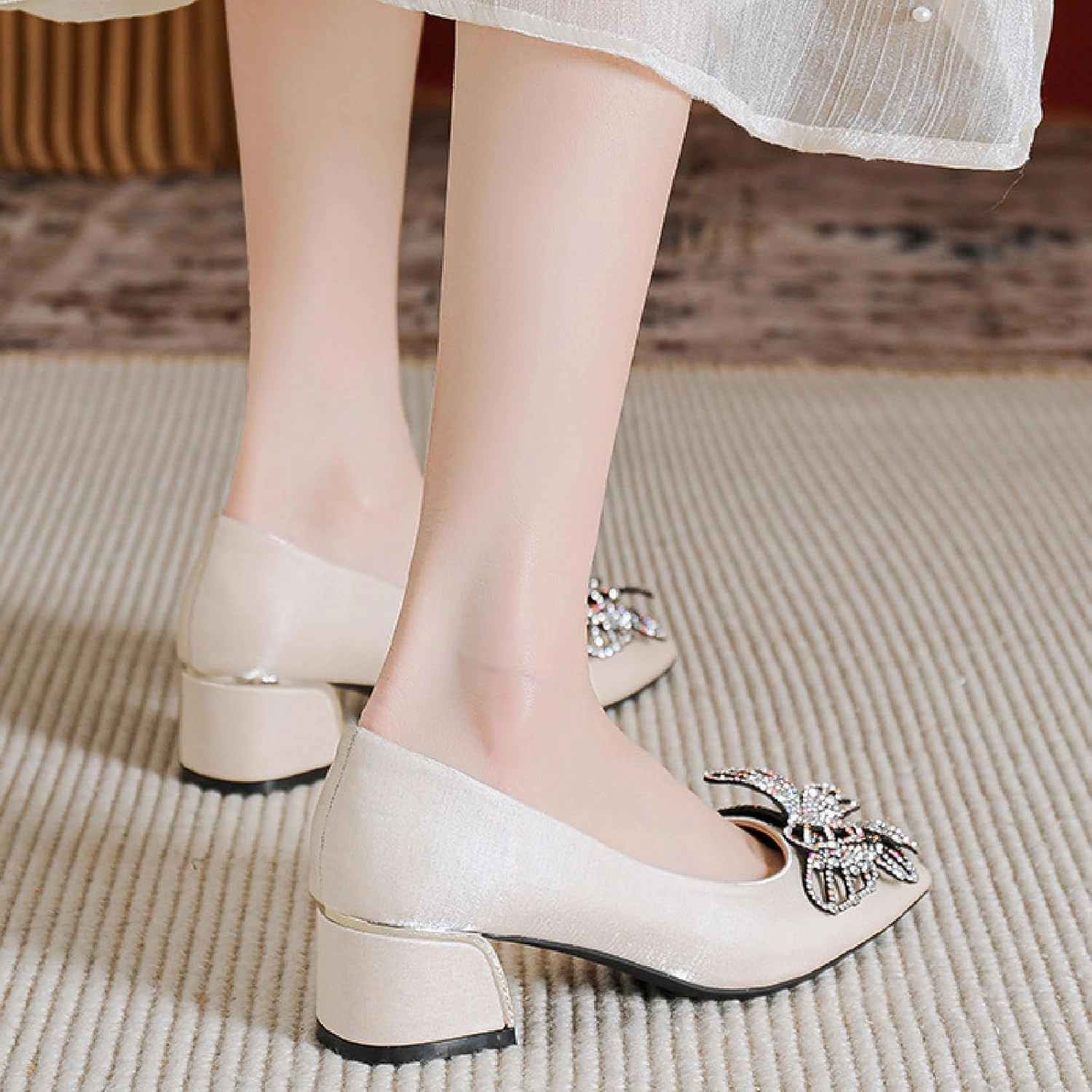 Women's Suede Rhinestone Chunky Low Heel Dress Pumps Shiny Closed Pointed Toe Butterfly Decoration Slip On Non-Slip Wedding High Heel Shoe Business Date Party Formal Shoe