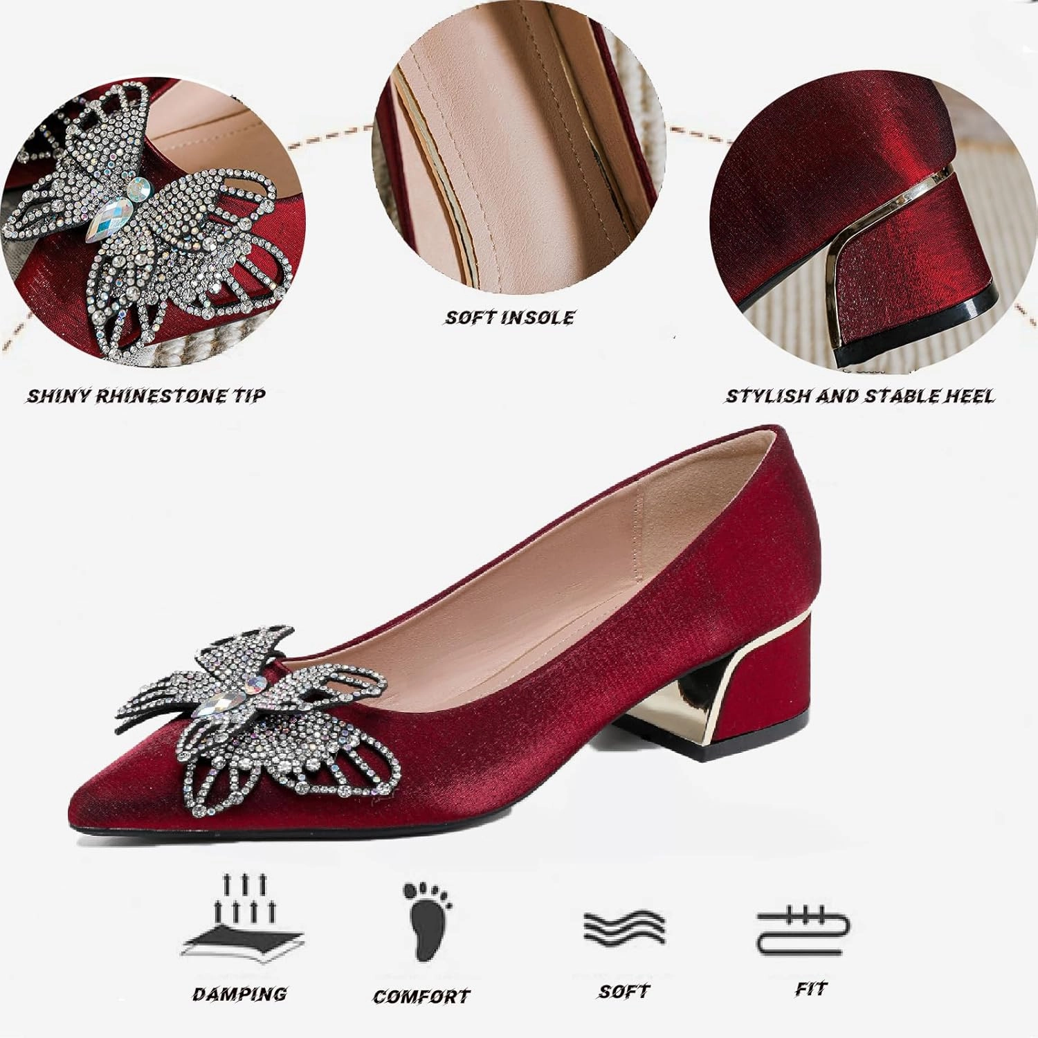 Women's Suede Rhinestone Chunky Low Heel Dress Pumps Shiny Closed Pointed Toe Butterfly Decoration Slip On Non-Slip Wedding High Heel Shoe Business Date Party Formal Shoe