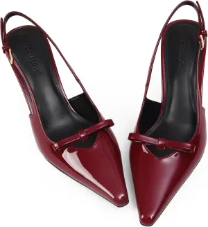 Women's Bow Pumps 2.8 in Kitten Heels Closed Pointed Toe V-Cut Slingback Faux Patent Leather