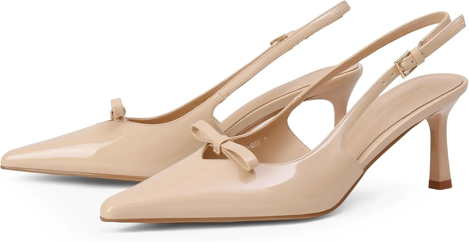 Women's Bow Pumps 2.8 in Kitten Heels Closed Pointed Toe V-Cut Slingback Faux Patent Leather
