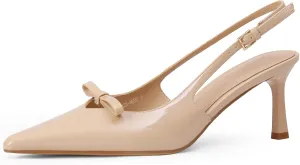Women's Bow Pumps 2.8 in Kitten Heels Closed Pointed Toe V-Cut Slingback Faux Patent Leather