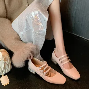 Women's Classical Mary Jane Shoes Block Chunky Low Heels Close Square Toe Pumps Twiggy Shiny Heels Dress Comfortable Cute Vintage Pumps Shoes