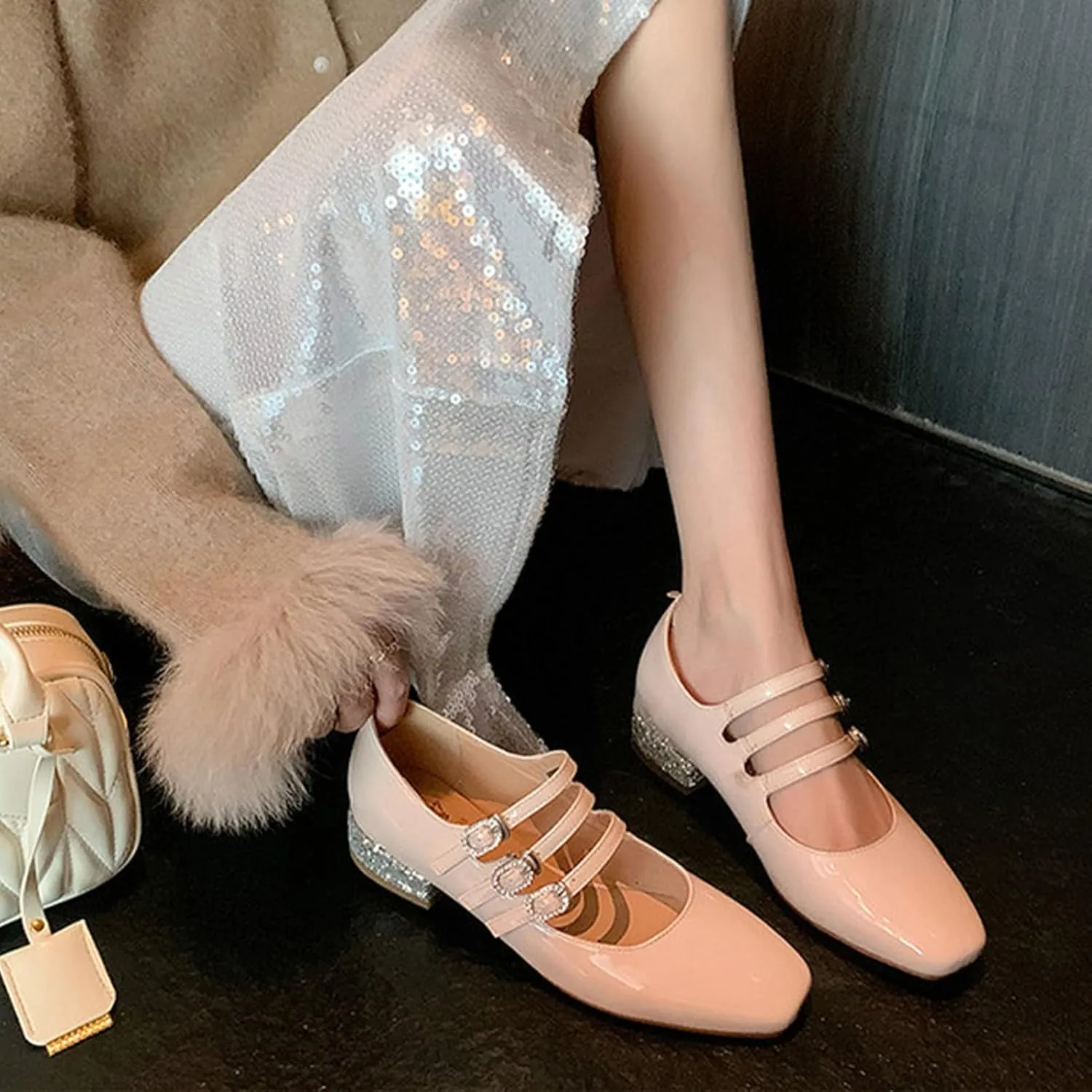 Women's Classical Mary Jane Shoes Block Chunky Low Heels Close Square Toe Pumps Twiggy Shiny Heels Dress Comfortable Cute Vintage Pumps Shoes