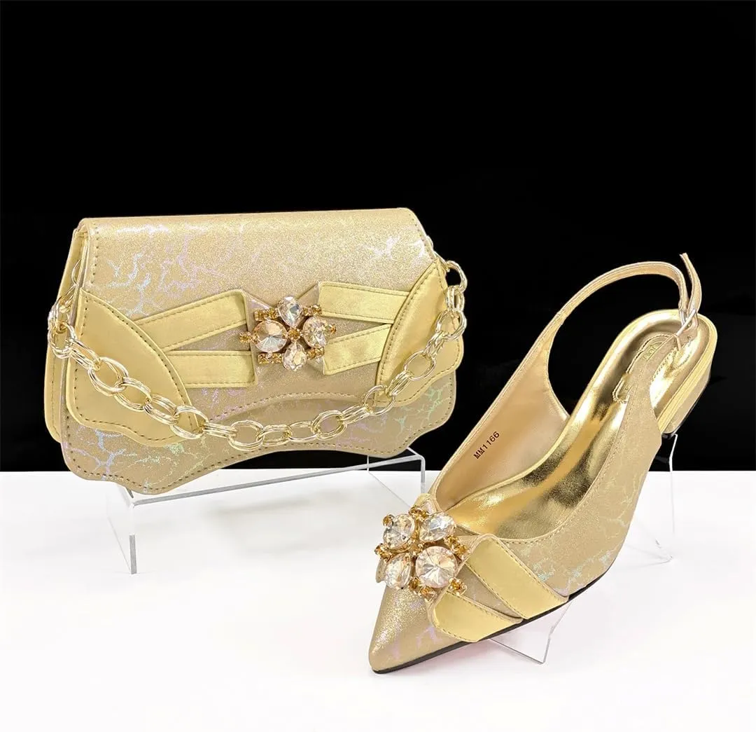 Women’S Elegant Italian Shoe and Bag Set with Matching PU Soft Leather Pumps Thin Heels Buckle Strap for Dress