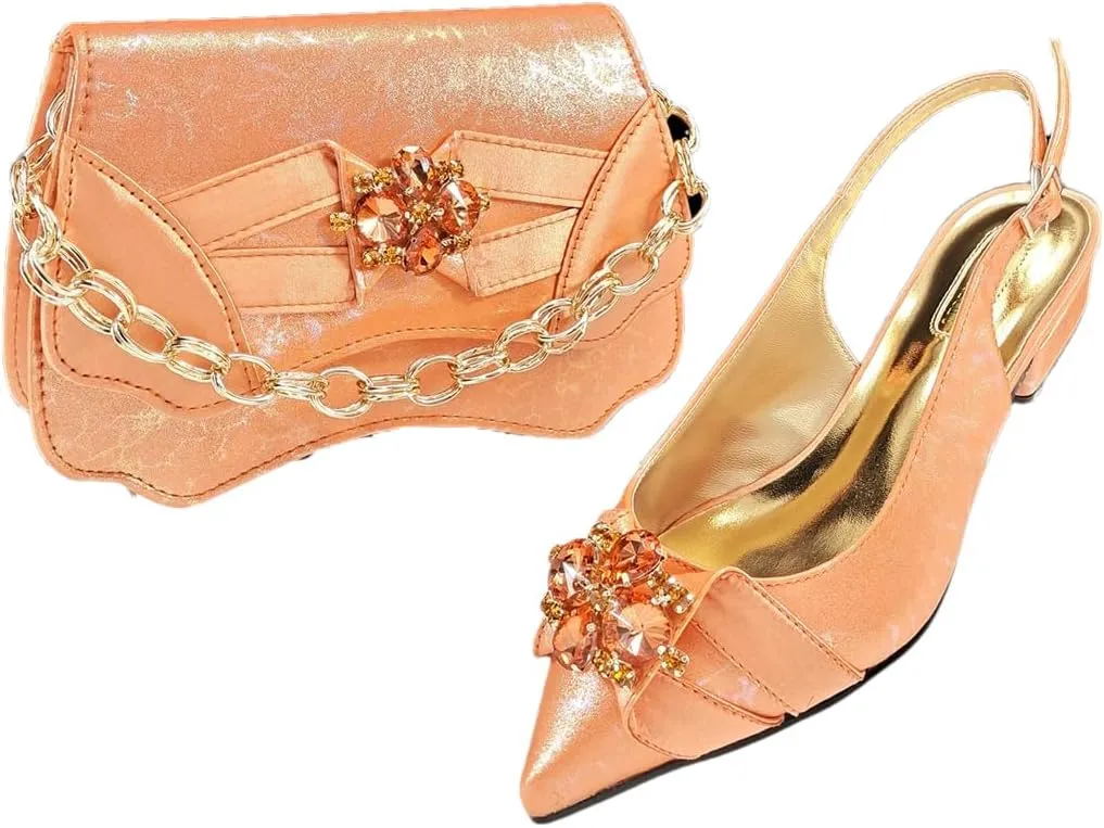 Women’S Elegant Italian Shoe and Bag Set with Matching PU Soft Leather Pumps Thin Heels Buckle Strap for Dress