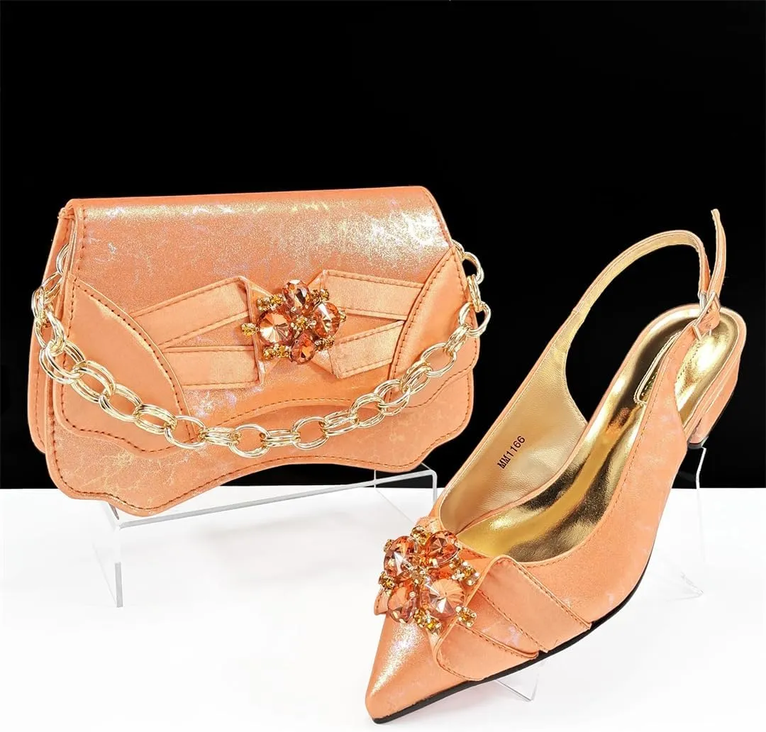 Women’S Elegant Italian Shoe and Bag Set with Matching PU Soft Leather Pumps Thin Heels Buckle Strap for Dress