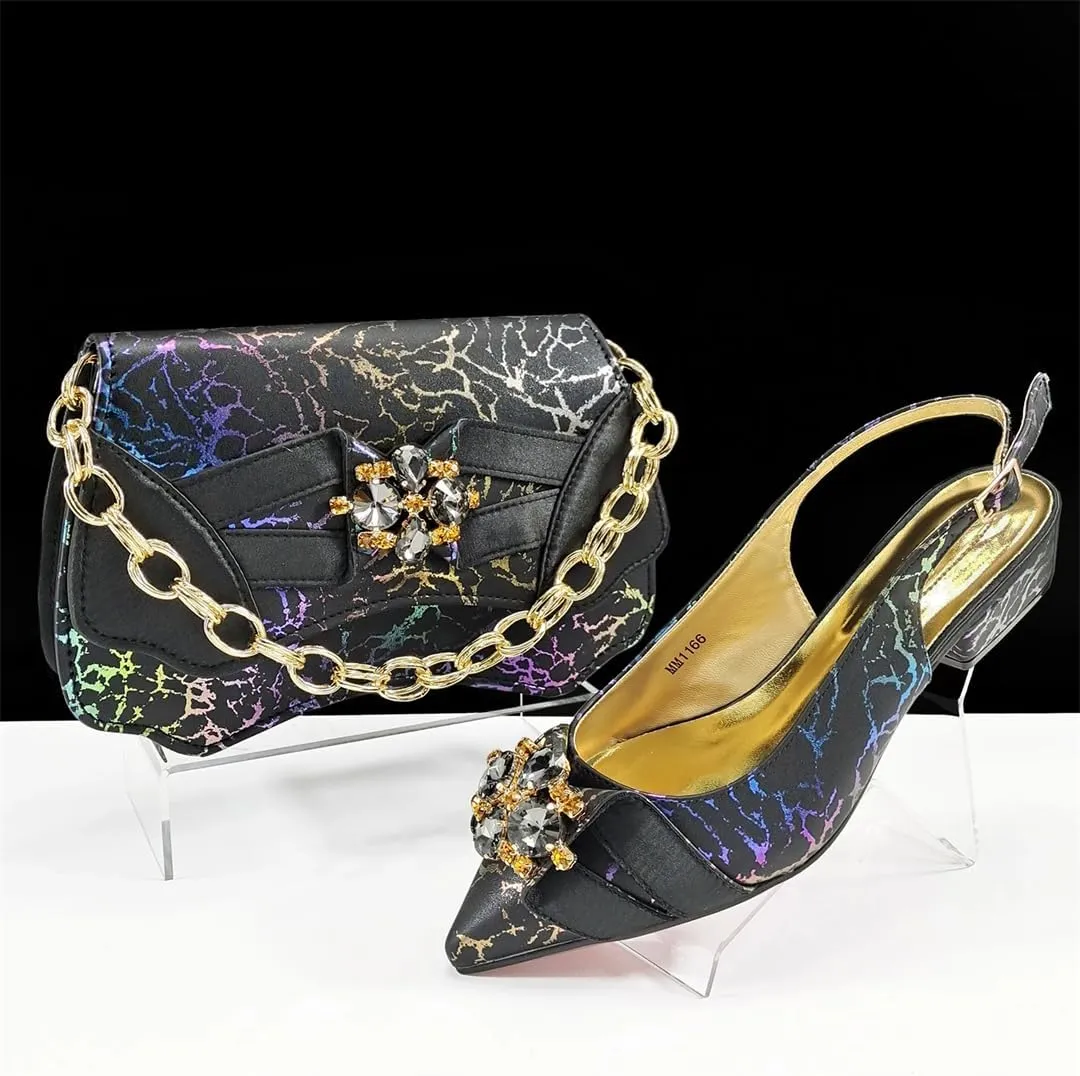 Women’S Elegant Italian Shoe and Bag Set with Matching PU Soft Leather Pumps Thin Heels Buckle Strap for Dress