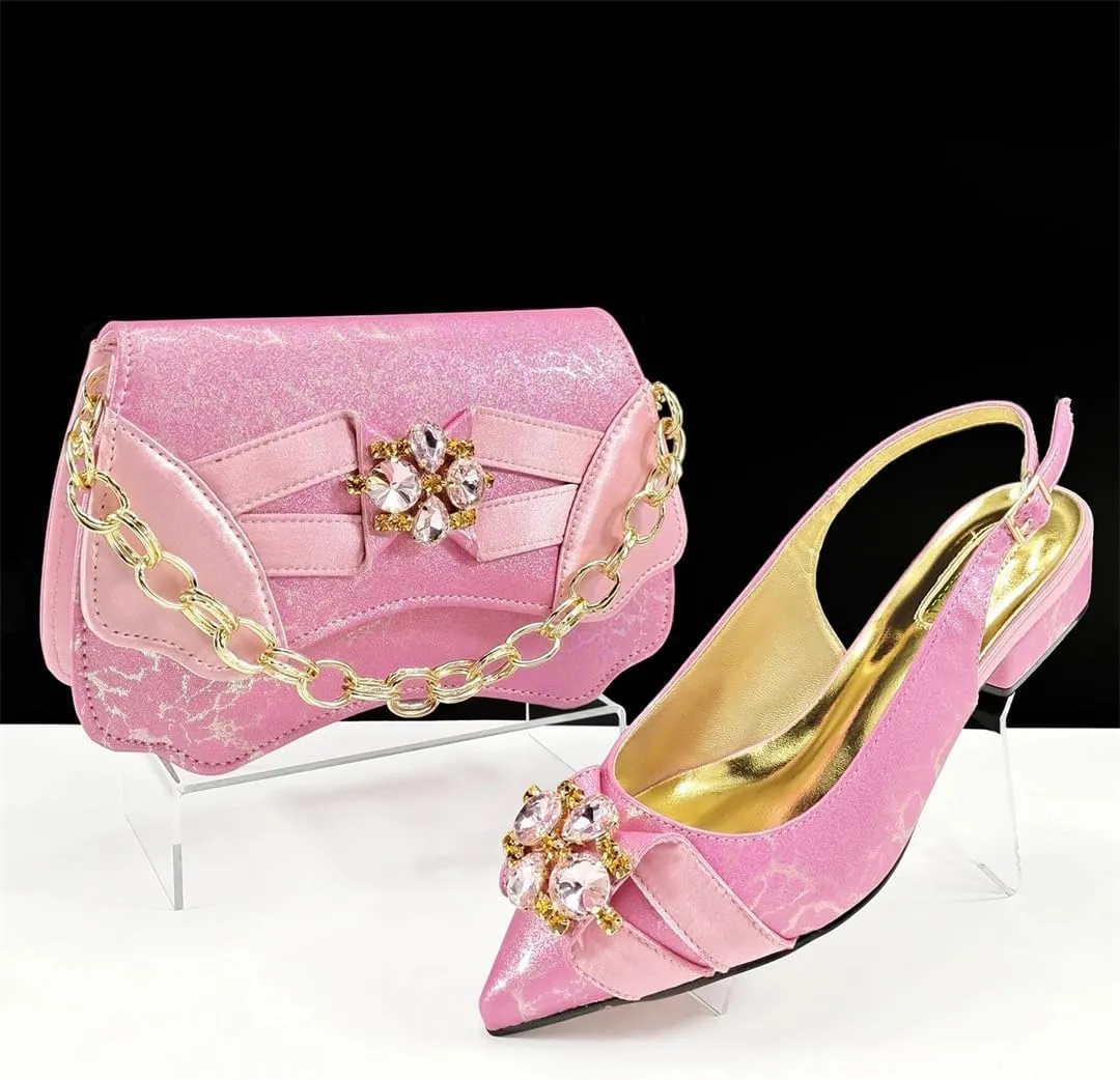 Women’S Elegant Italian Shoe and Bag Set with Matching PU Soft Leather Pumps Thin Heels Buckle Strap for Dress