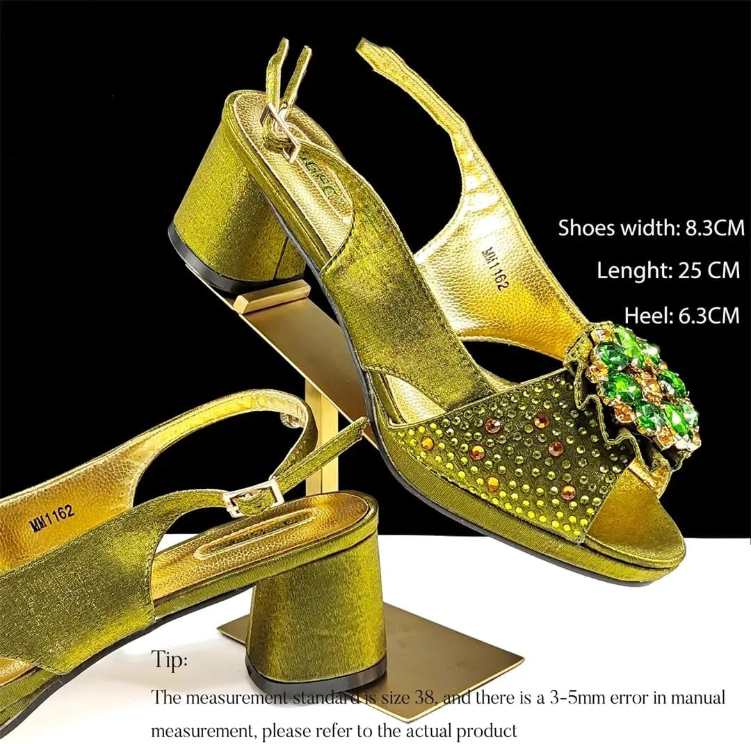 Women’S Elegant Olive Diamond Pumps and Matching Bag Set with Rhinestone Metal Decoration for Wedding Party Comfortable Streamline Slingbacks