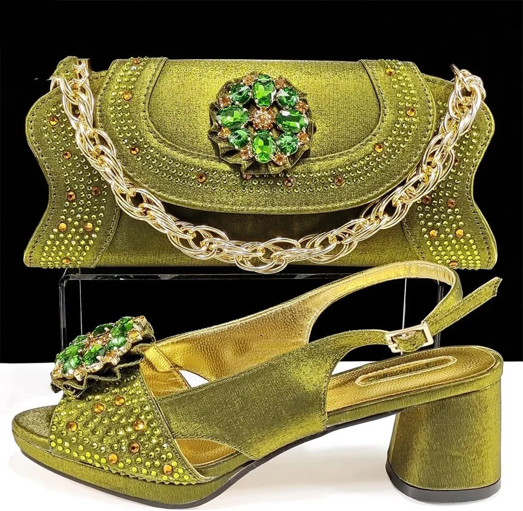 Women’S Elegant Olive Diamond Pumps and Matching Bag Set with Rhinestone Metal Decoration for Wedding Party Comfortable Streamline Slingbacks
