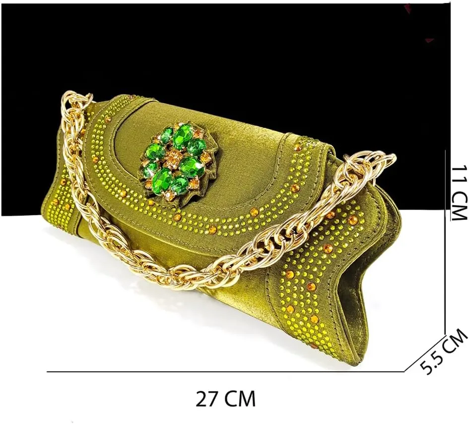 Women’S Elegant Olive Diamond Pumps and Matching Bag Set with Rhinestone Metal Decoration for Wedding Party Comfortable Streamline Slingbacks