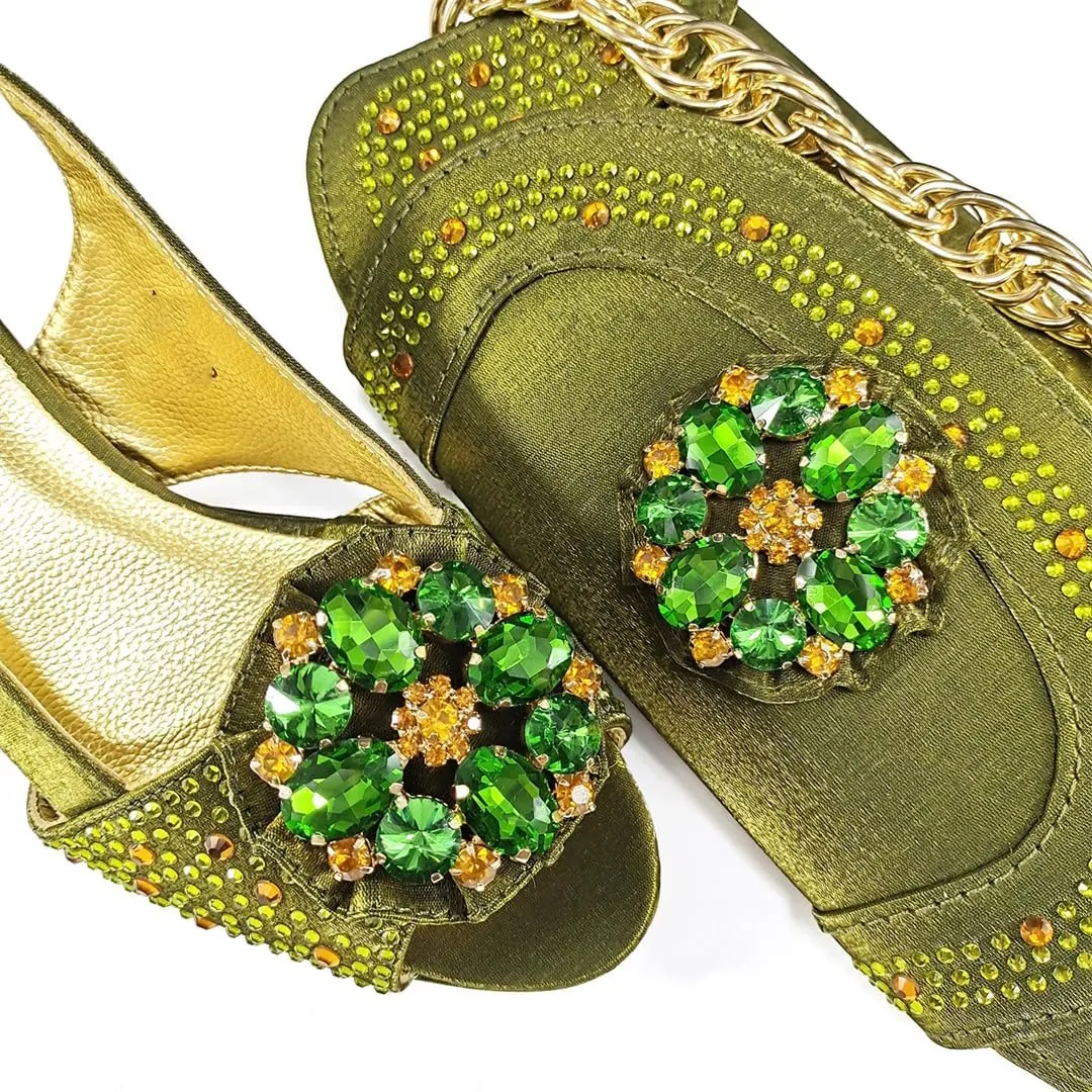 Women’S Elegant Olive Diamond Pumps and Matching Bag Set with Rhinestone Metal Decoration for Wedding Party Comfortable Streamline Slingbacks