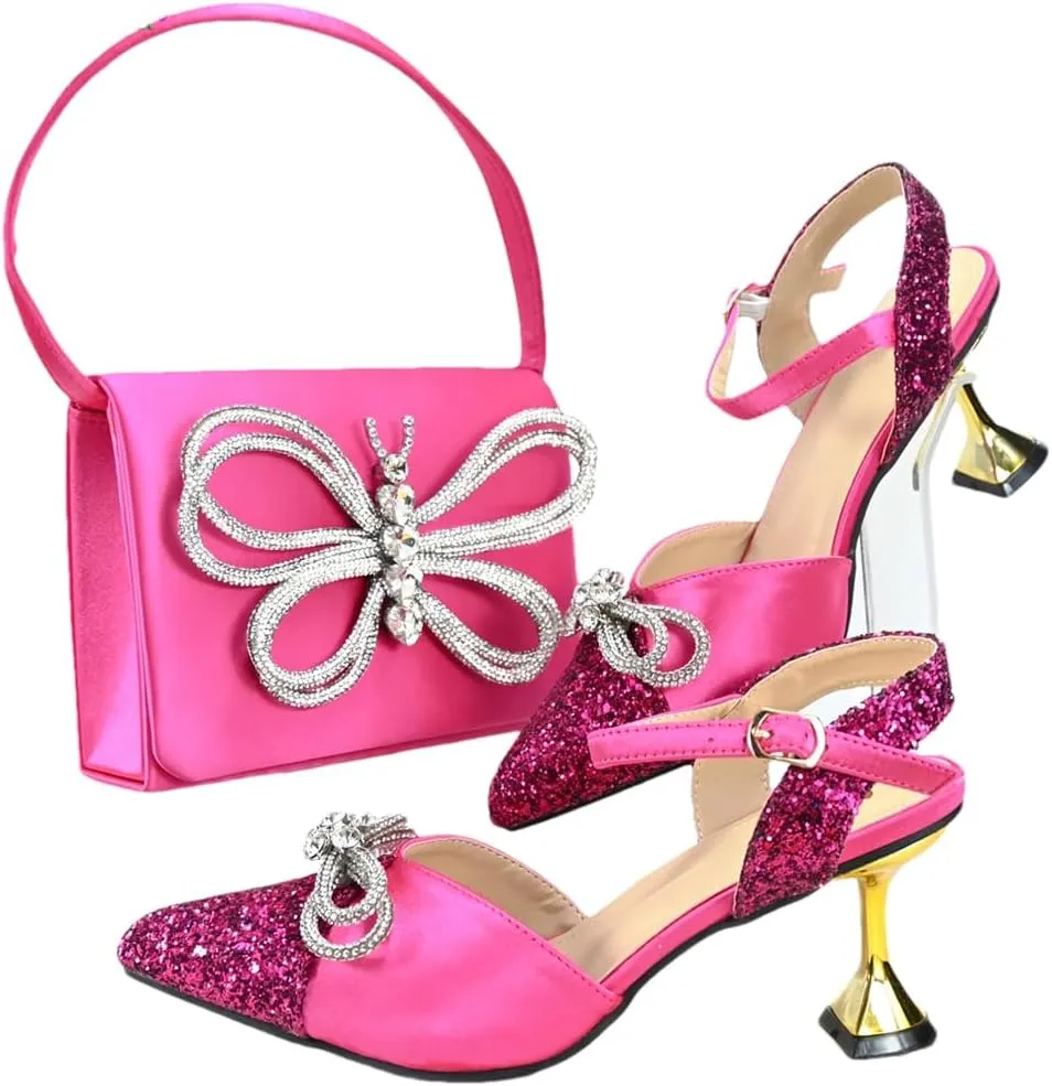 Women’S Elegant Red Shoes and Bag Set Pointed Toe Spike Heels Buckle Strap High Heel for Party