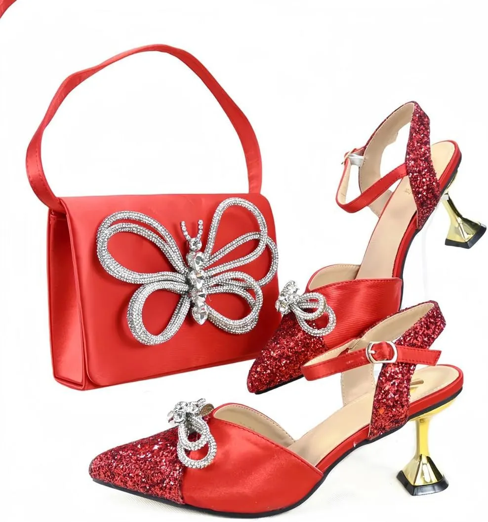 Women’S Elegant Red Shoes and Bag Set Pointed Toe Spike Heels Buckle Strap High Heel for Party