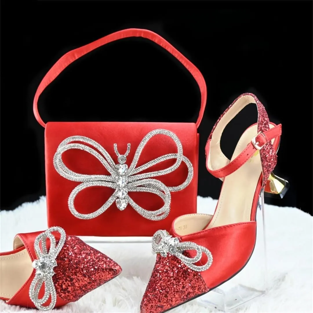 Women’S Elegant Red Shoes and Bag Set Pointed Toe Spike Heels Buckle Strap High Heel for Party