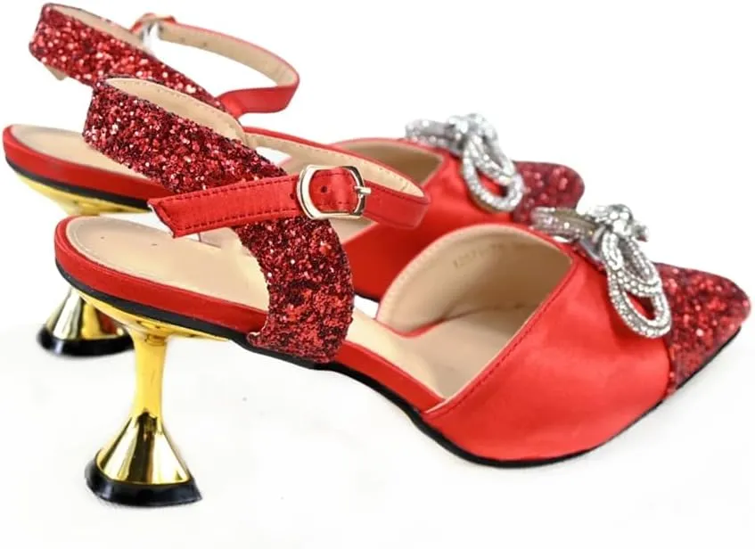 Women’S Elegant Red Shoes and Bag Set Pointed Toe Spike Heels Buckle Strap High Heel for Party