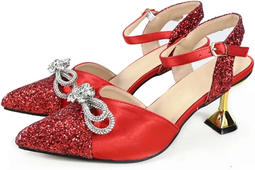 Women’S Elegant Red Shoes and Bag Set Pointed Toe Spike Heels Buckle Strap High Heel for Party