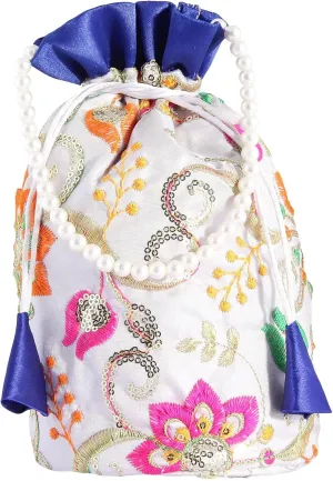 Women's Embroidered Heavy Jari Bag Purse Pouch Drawstring Bag Golden Work Wedding Gift for Women - Silver