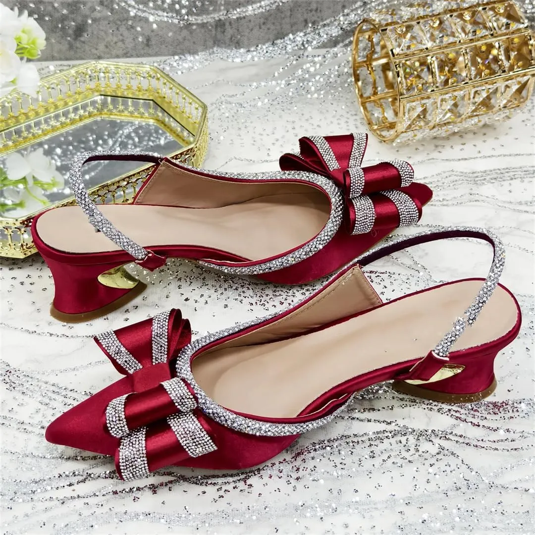 Women’S Fashion Wine Rhinestone Bow Pumps and Bag Set for Party Spike Heel Slingbacks
