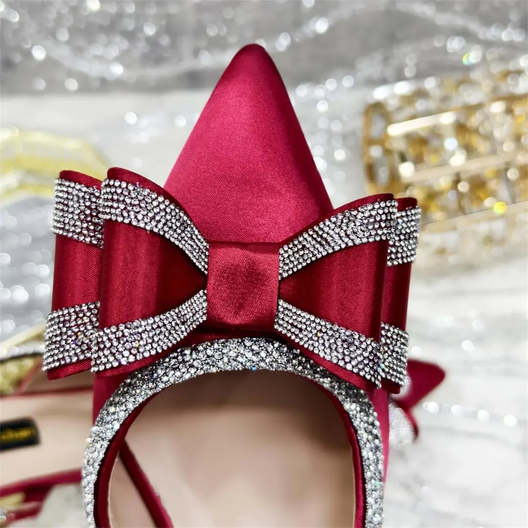 Women’S Fashion Wine Rhinestone Bow Pumps and Bag Set for Party Spike Heel Slingbacks