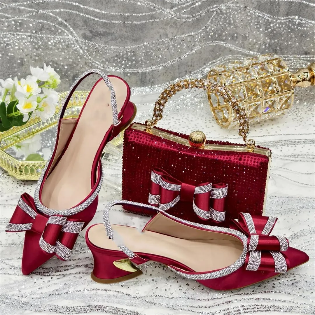 Women’S Fashion Wine Rhinestone Bow Pumps and Bag Set for Party Spike Heel Slingbacks