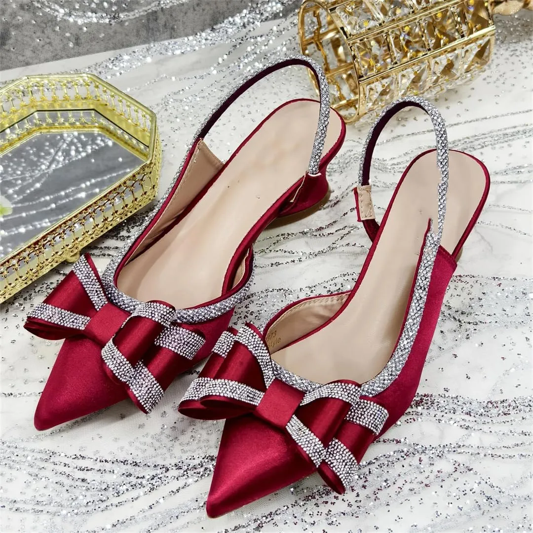 Women’S Fashion Wine Rhinestone Bow Pumps and Bag Set for Party Spike Heel Slingbacks