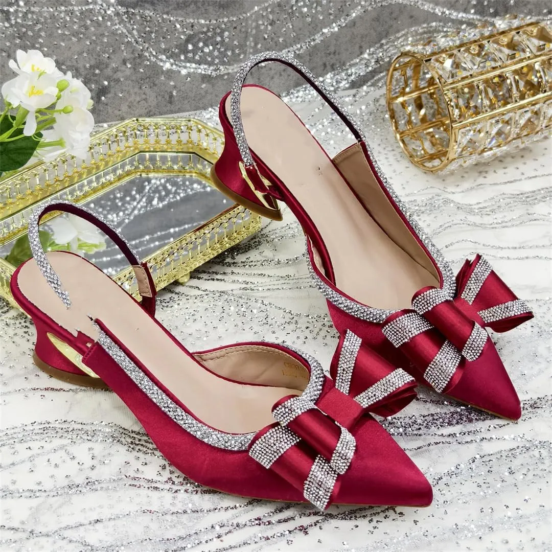 Women’S Fashion Wine Rhinestone Bow Pumps and Bag Set for Party Spike Heel Slingbacks