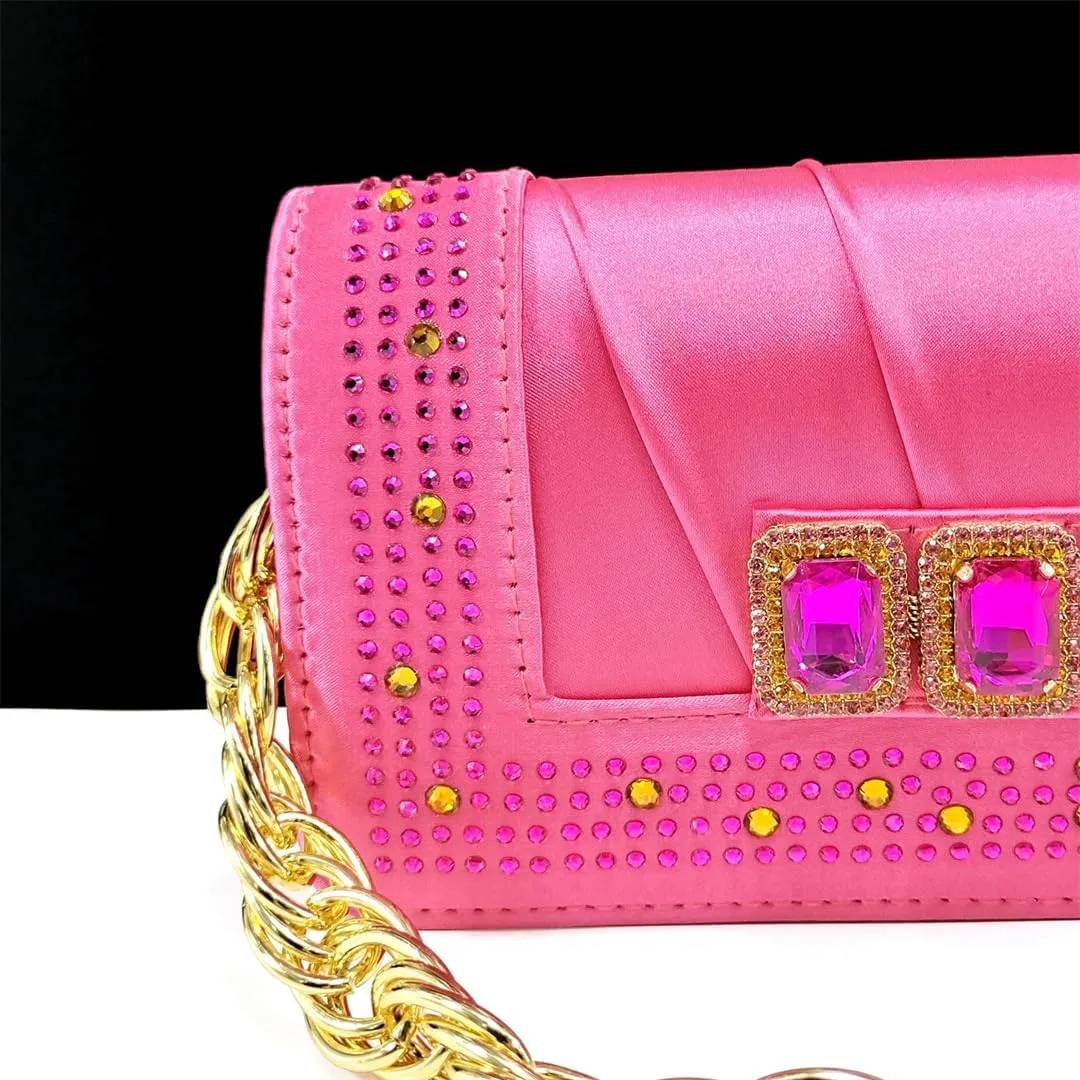 Women’S Fuchsia Shiny Heels and Matching Bag Set with Crystal Details for Fashionable Occasions