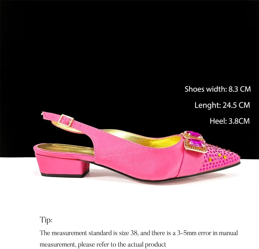 Women’S Fuchsia Shiny Heels and Matching Bag Set with Crystal Details for Fashionable Occasions