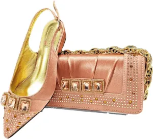 Women’S Fuchsia Shiny Heels and Matching Bag Set with Crystal Details for Fashionable Occasions