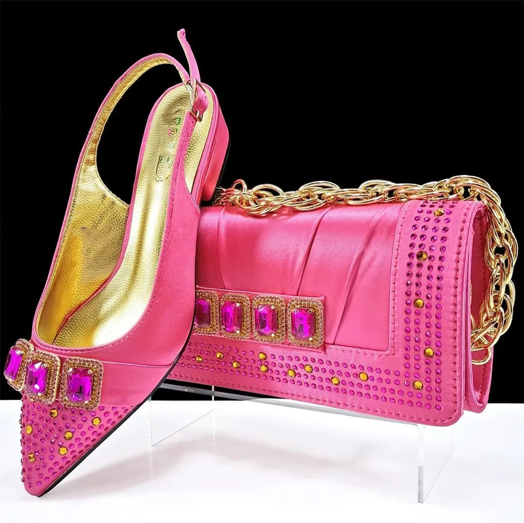 Women’S Fuchsia Shiny Heels and Matching Bag Set with Crystal Details for Fashionable Occasions