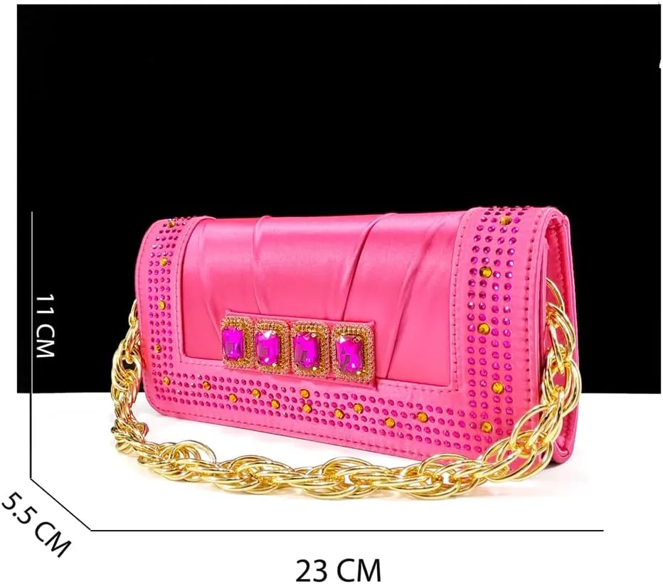 Women’S Fuchsia Shiny Heels and Matching Bag Set with Crystal Details for Fashionable Occasions
