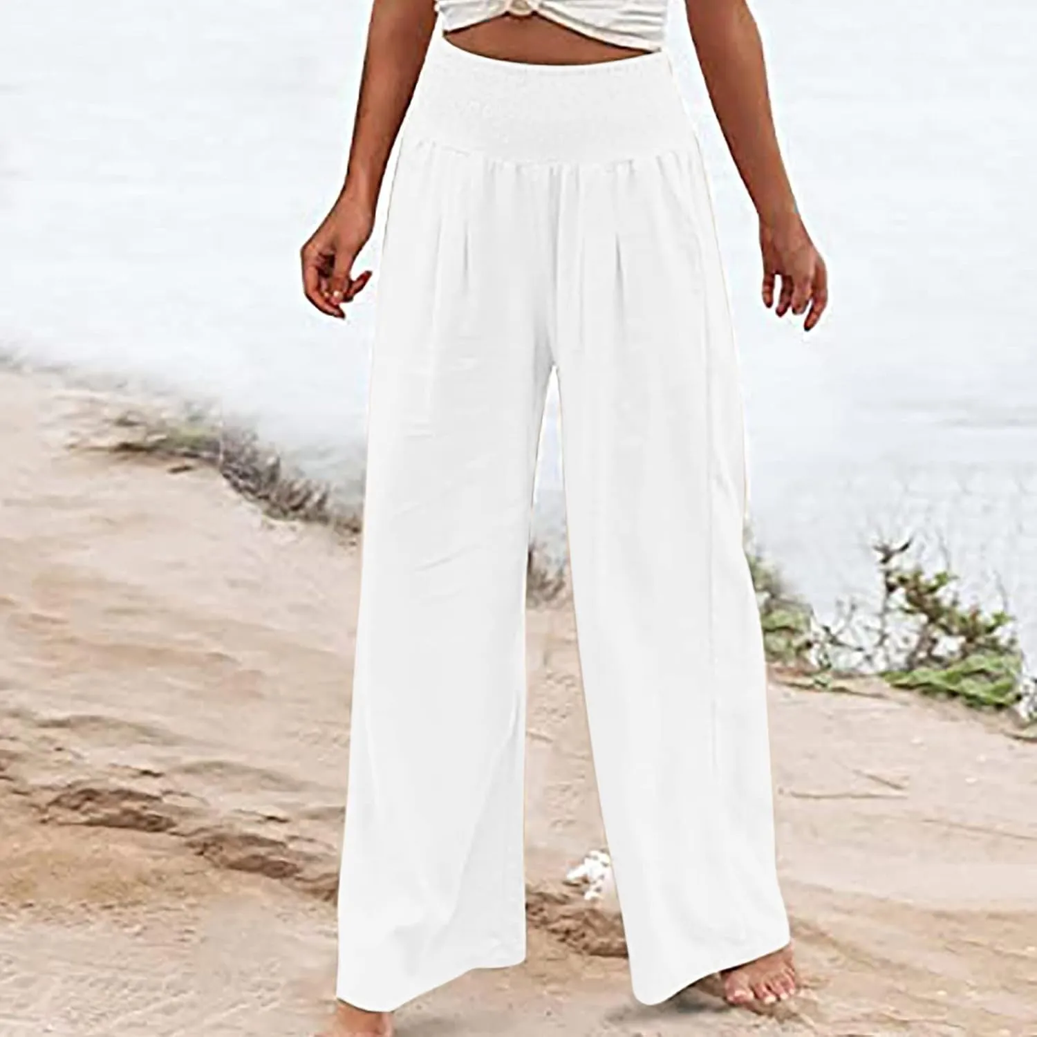 Womens Linen Wide Leg Pants Elastic High Rise Plus Size Paperbag Pants Summer Cotton Flowy Patterned Tall Yoga Pants