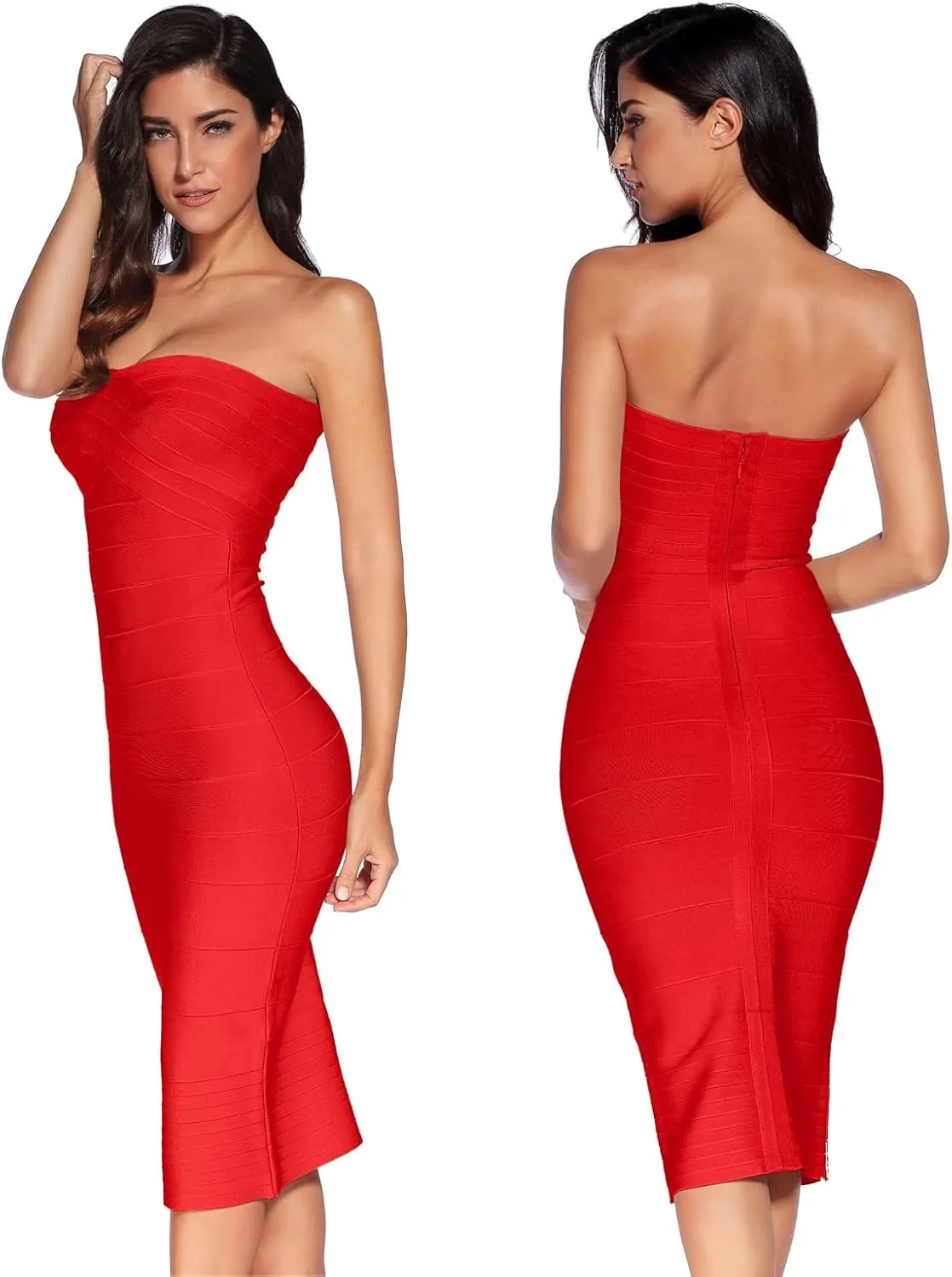 Women's Midi Cocktail Dresses Strapless Bandage Bodycon Dress Wedding Party Dress