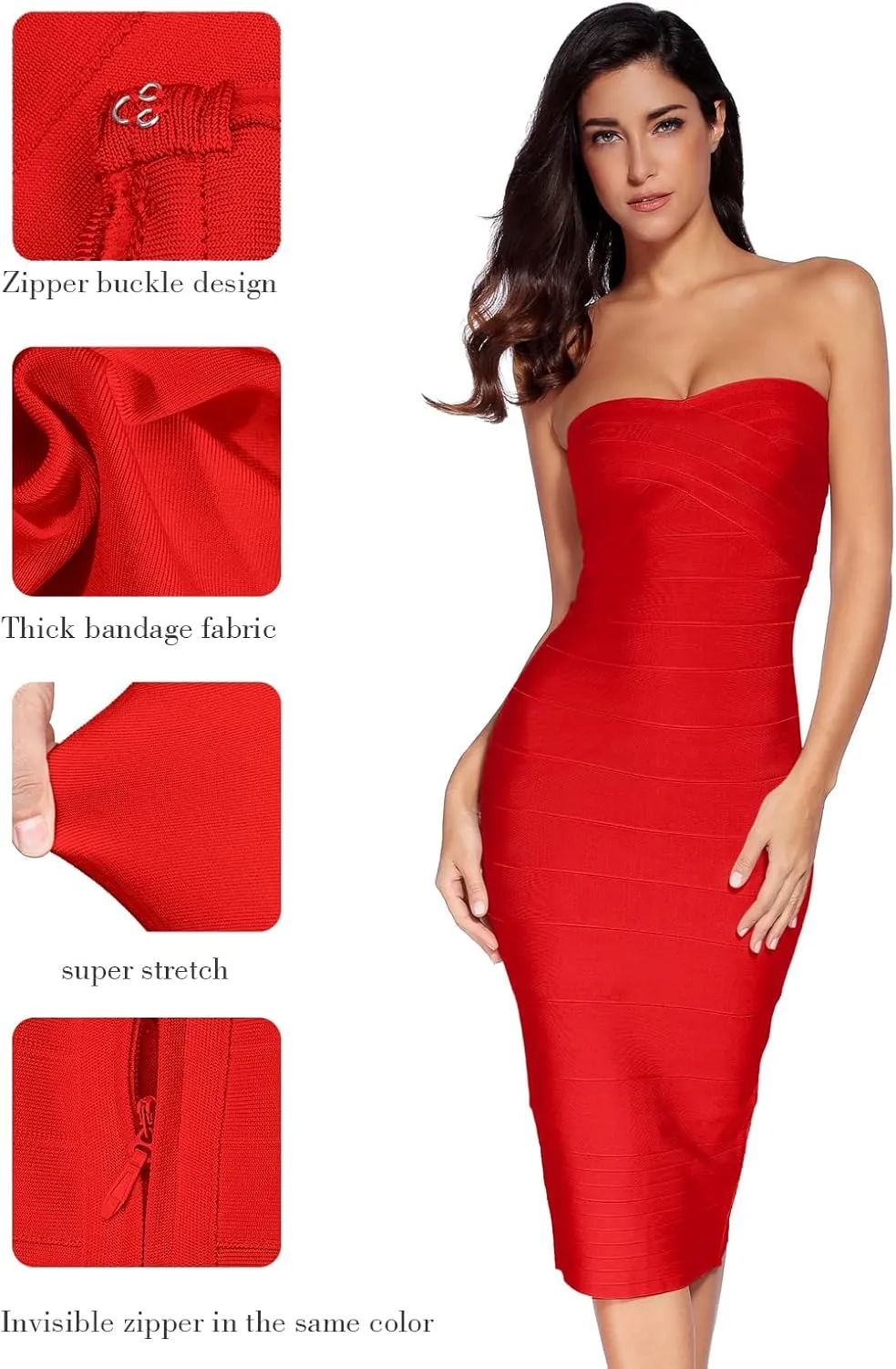 Women's Midi Cocktail Dresses Strapless Bandage Bodycon Dress Wedding Party Dress
