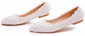 Women's Pearl Lace Slip-On Ballet Flats Pointed Toe Pumps Breathable Comfortable Dress Wedding Shoes for Party Evening Dating