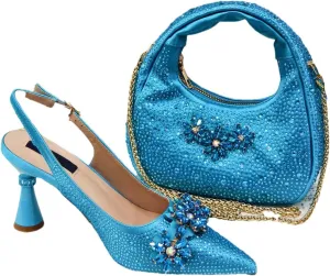 Women’S Pointed Toe Rhinestone Pumps and Bag Set for Wedding Party Elegant Luxury Fashion Spike Heel Slingbacks