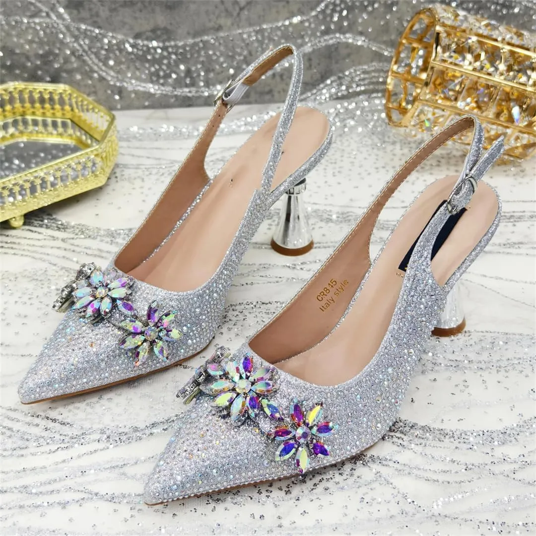 Women’S Pointed Toe Rhinestone Pumps and Bag Set for Wedding Party Elegant Luxury Fashion Spike Heel Slingbacks
