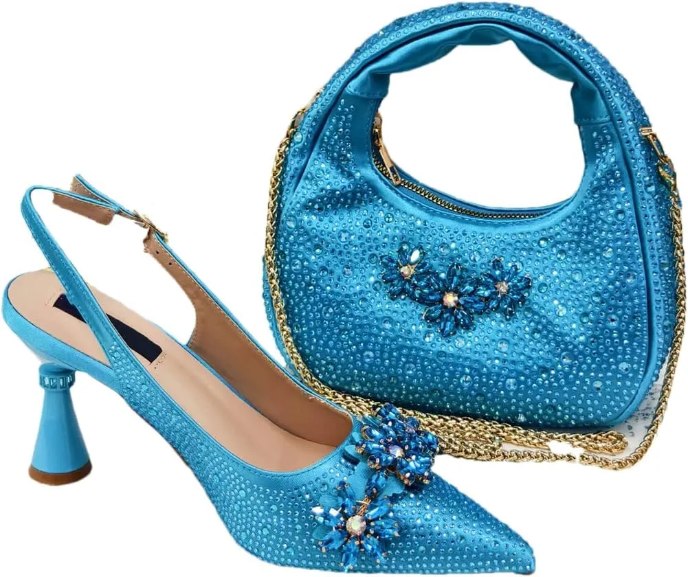 Women’S Pointed Toe Rhinestone Pumps and Bag Set for Wedding Party Elegant Luxury Fashion Spike Heel Slingbacks
