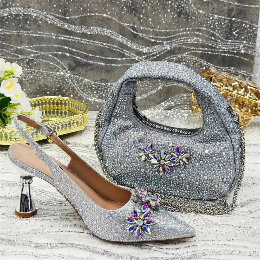 Women’S Pointed Toe Rhinestone Pumps and Bag Set for Wedding Party Elegant Luxury Fashion Spike Heel Slingbacks