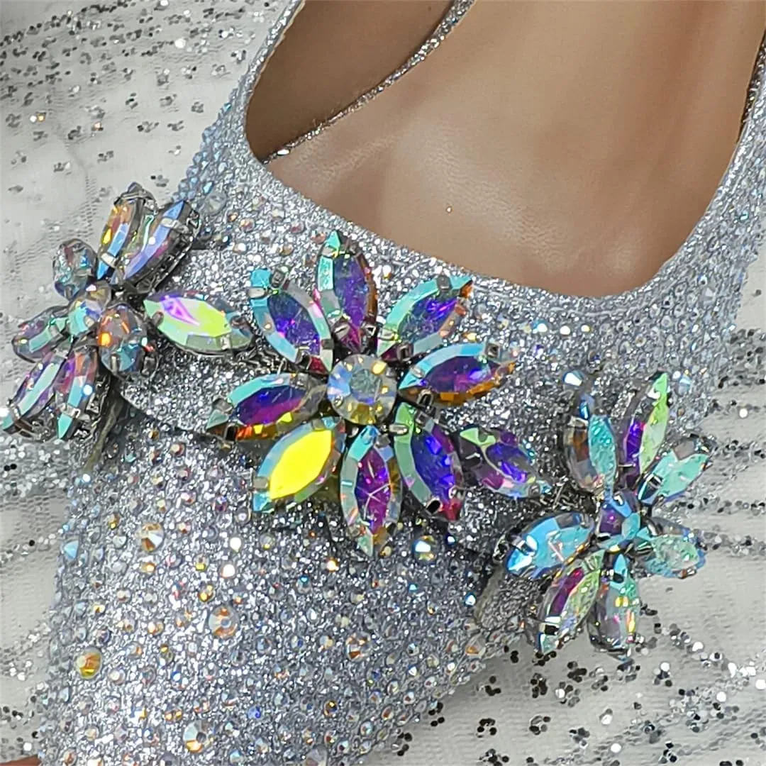 Women’S Pointed Toe Rhinestone Pumps and Bag Set for Wedding Party Elegant Luxury Fashion Spike Heel Slingbacks