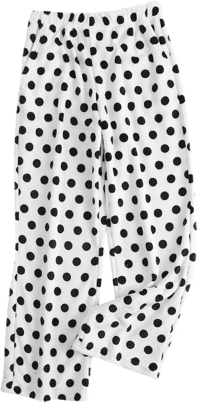 Womens Polka Dot Print Plush Pajama Pants Winter Warm Fleece Fuzzy Pj Bottoms Wide Leg Cozy Lounge Pants Sleepwear