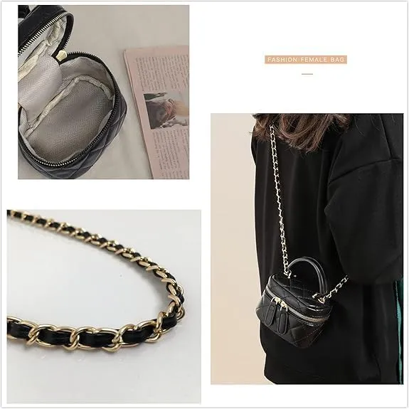 Women's Quilted Square Pocket Fashion Mini Zipper Closure Handbag Cute Top Small Handle Purse