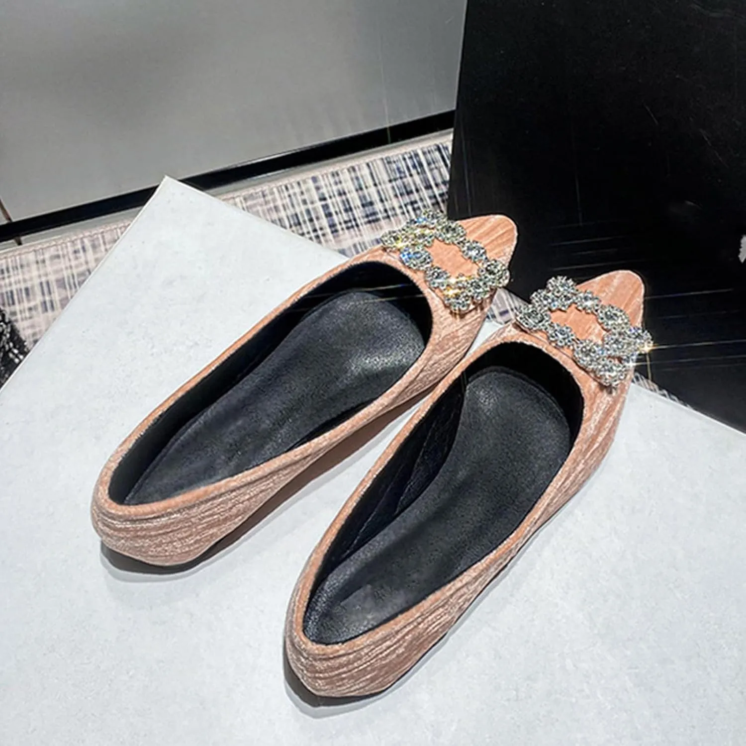 Women's Rhinestones Pointed Top Suede Flats Shoes,Comfort Slip on Flat Loafers Fashion Sparkly Wedding Party Ballerina Dress Shoes