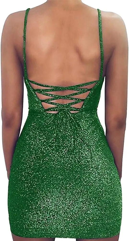 Women's Sexy Glitter Spagetti Straps Lace Up Back Bandage Bodycon Mini Club Party Dress