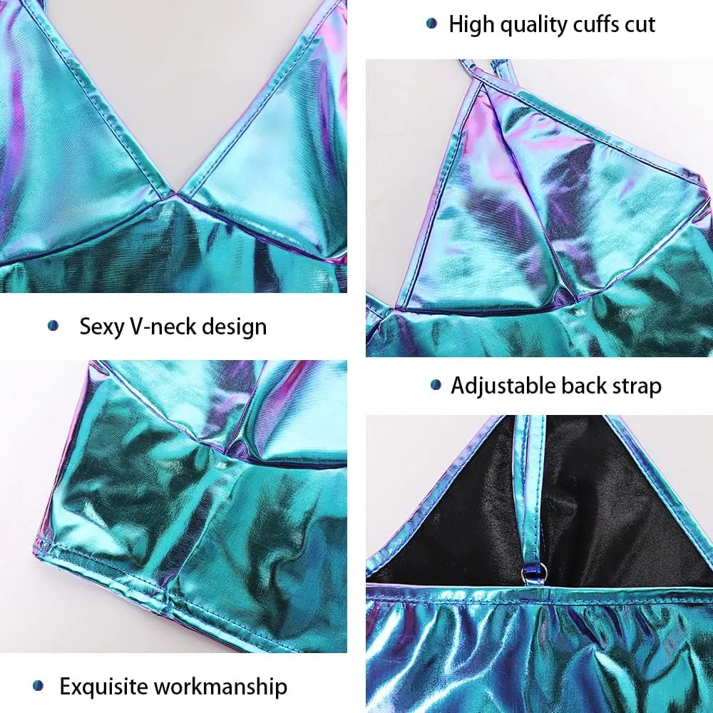 Women's Shiny Crop Top Party Dance Night Out Metallic Spaghetti Strap Cami Tank Top