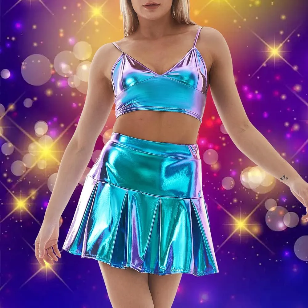 Women's Shiny Crop Top Party Dance Night Out Metallic Spaghetti Strap Cami Tank Top