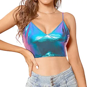 Women's Shiny Crop Top Party Dance Night Out Metallic Spaghetti Strap Cami Tank Top